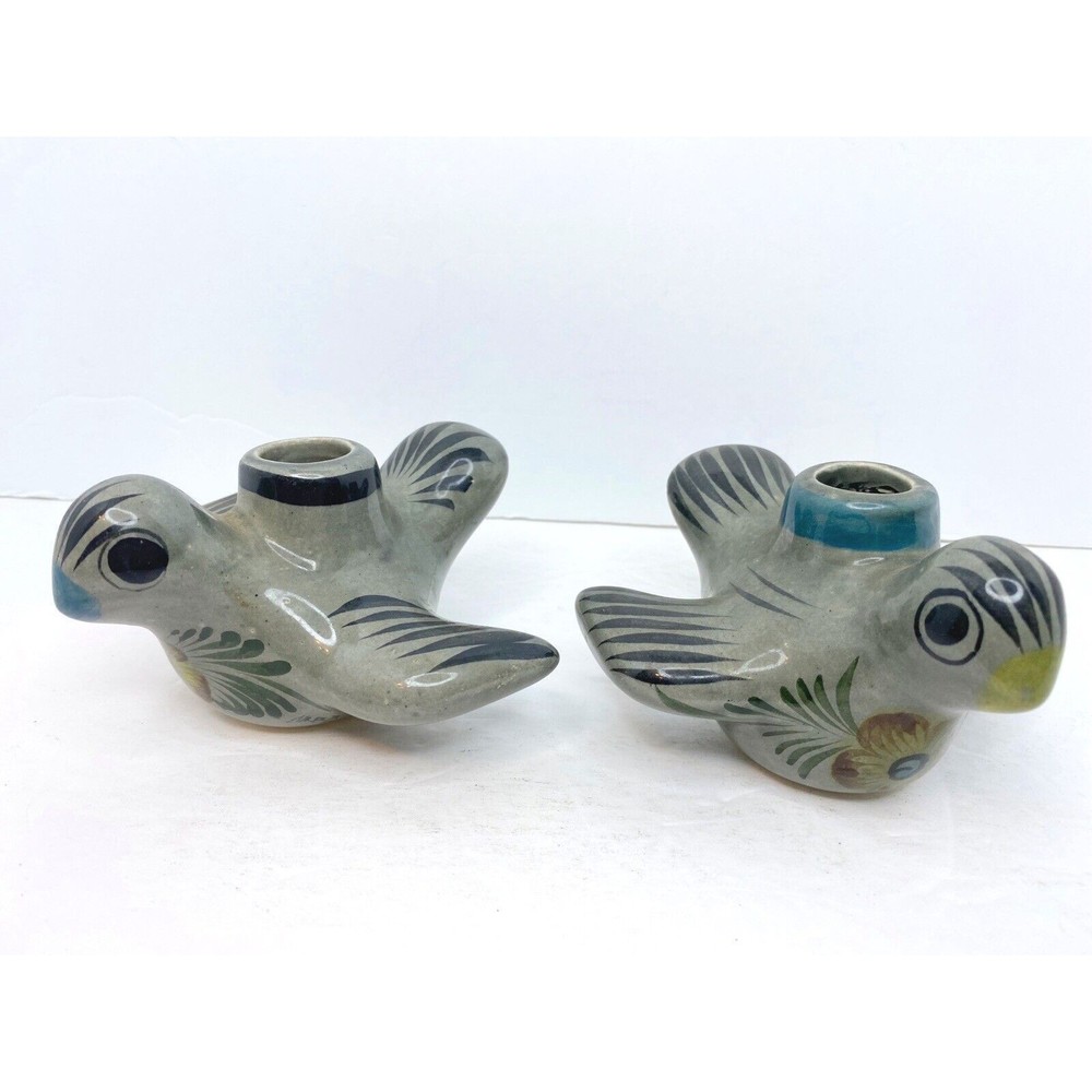 Vintage Tonala Sm Bird/Dove Candlestick Holder Mexican Pottery Set Of 2